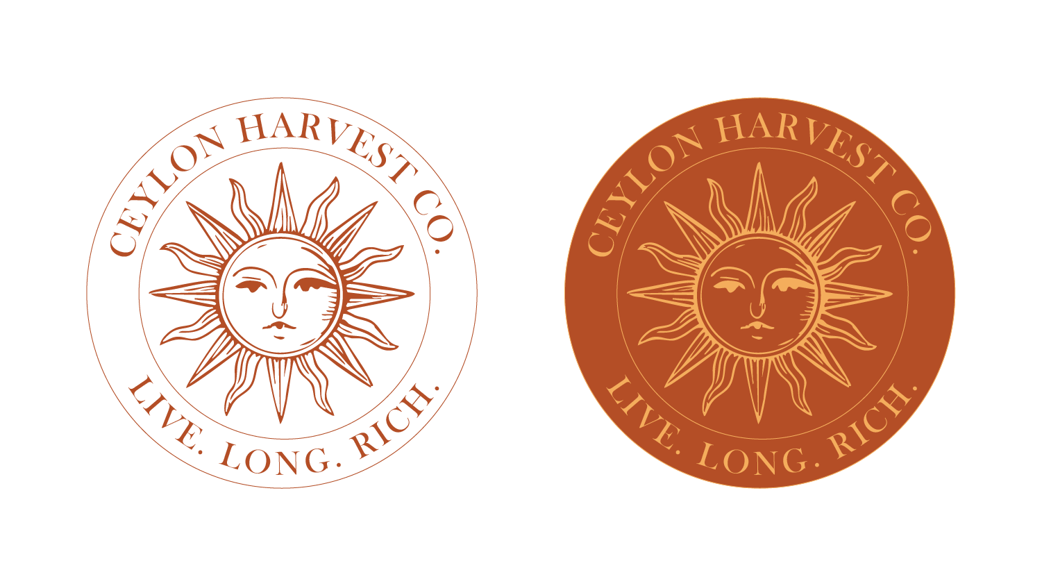 Ceylon Harvest Co. final seal shown in both colourways, cream-on-green and white-on-orange