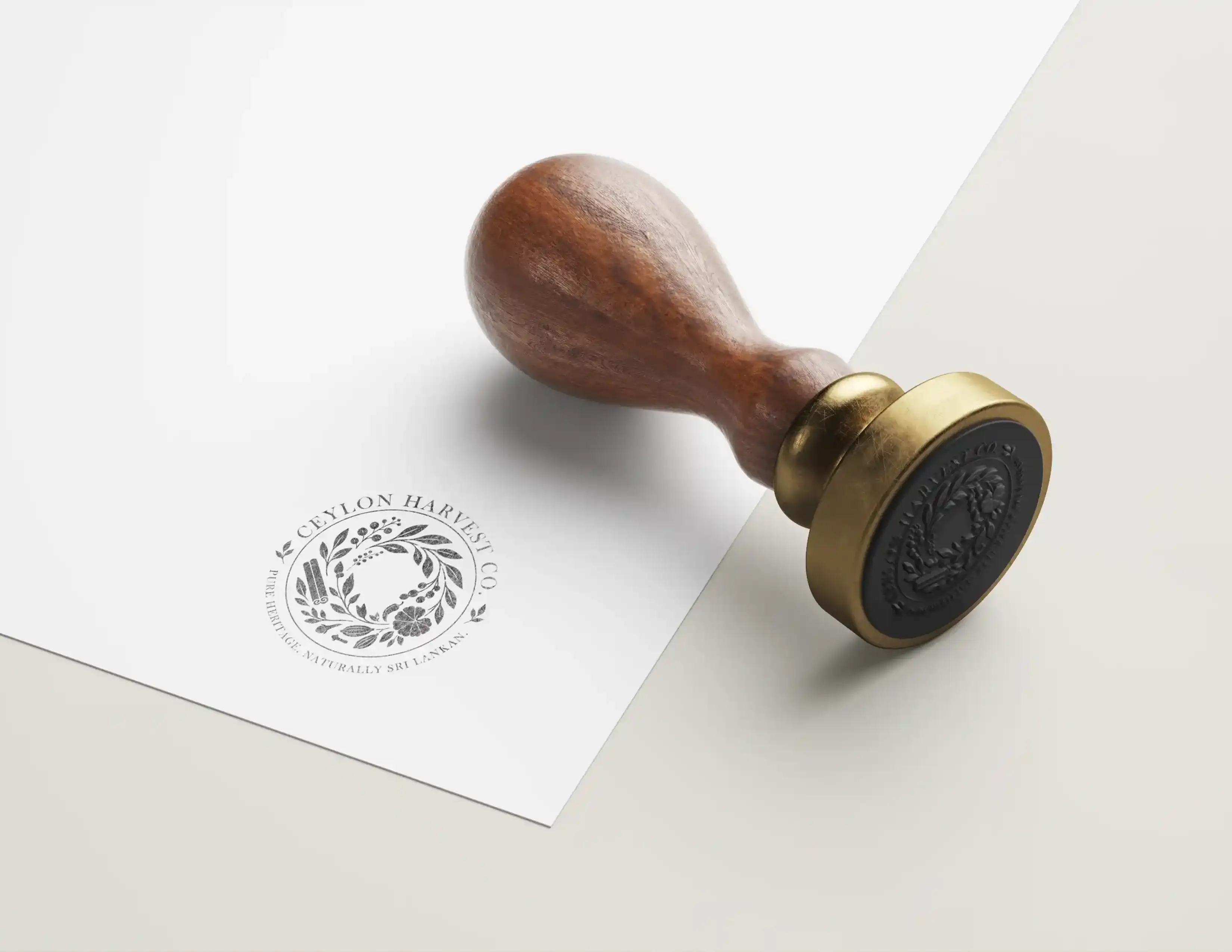 Ceylon Harvest Co. brand seal as a wooden stamp on paper