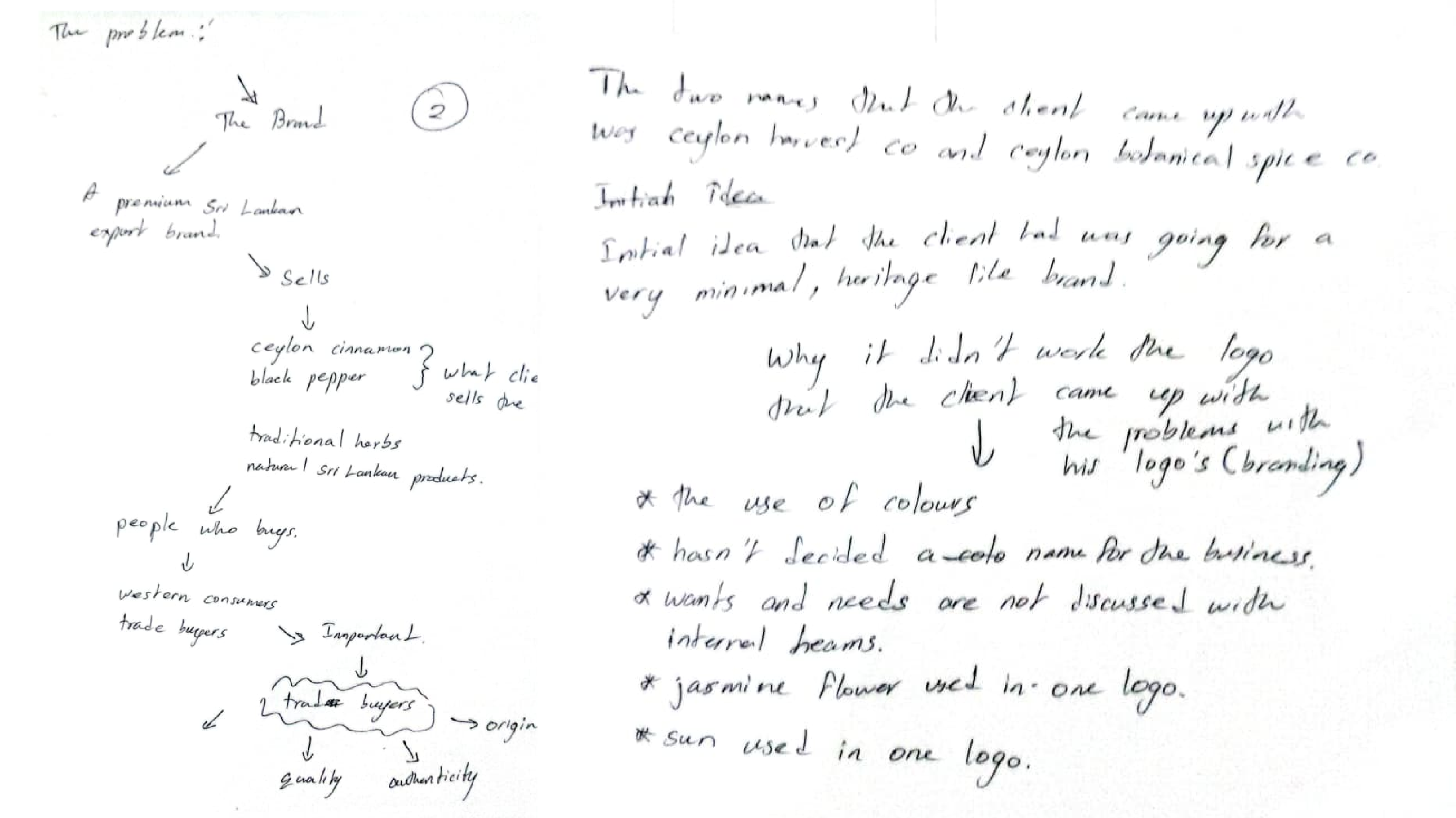 Notes weighing the two name candidates, Ceylon Harvest Co. and Ceylon Botanical Spice Co., and diagnosing why the client's own logo attempt fell short
