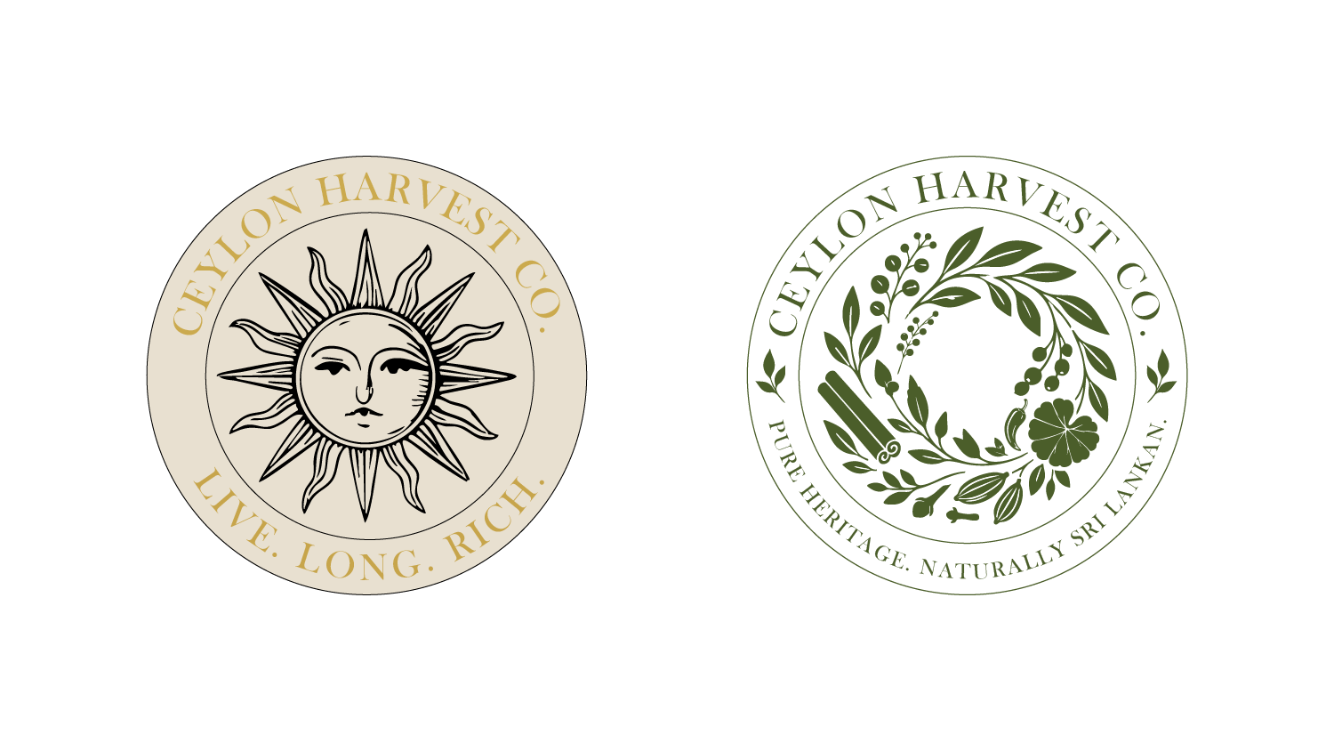 Old logo, a sun face seal reading Live Long Rich, next to the new botanical seal reading Pure Heritage, Naturally Sri Lankan