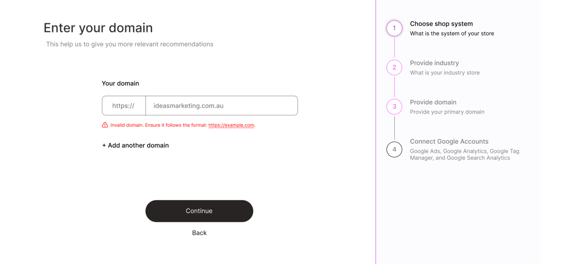 Onboarding domain-entry screen with validation messaging, part of a four-step setup wizard for choosing a shop system, industry, domain, and connecting Google accounts