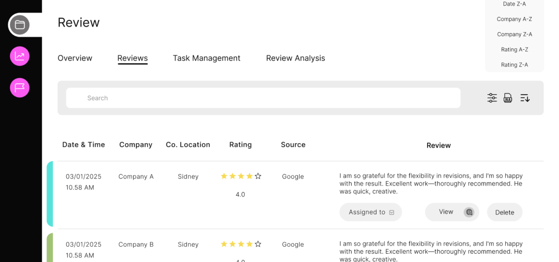 High-fidelity review management screen, showing a searchable, filterable table of reviews with assignment and status controls