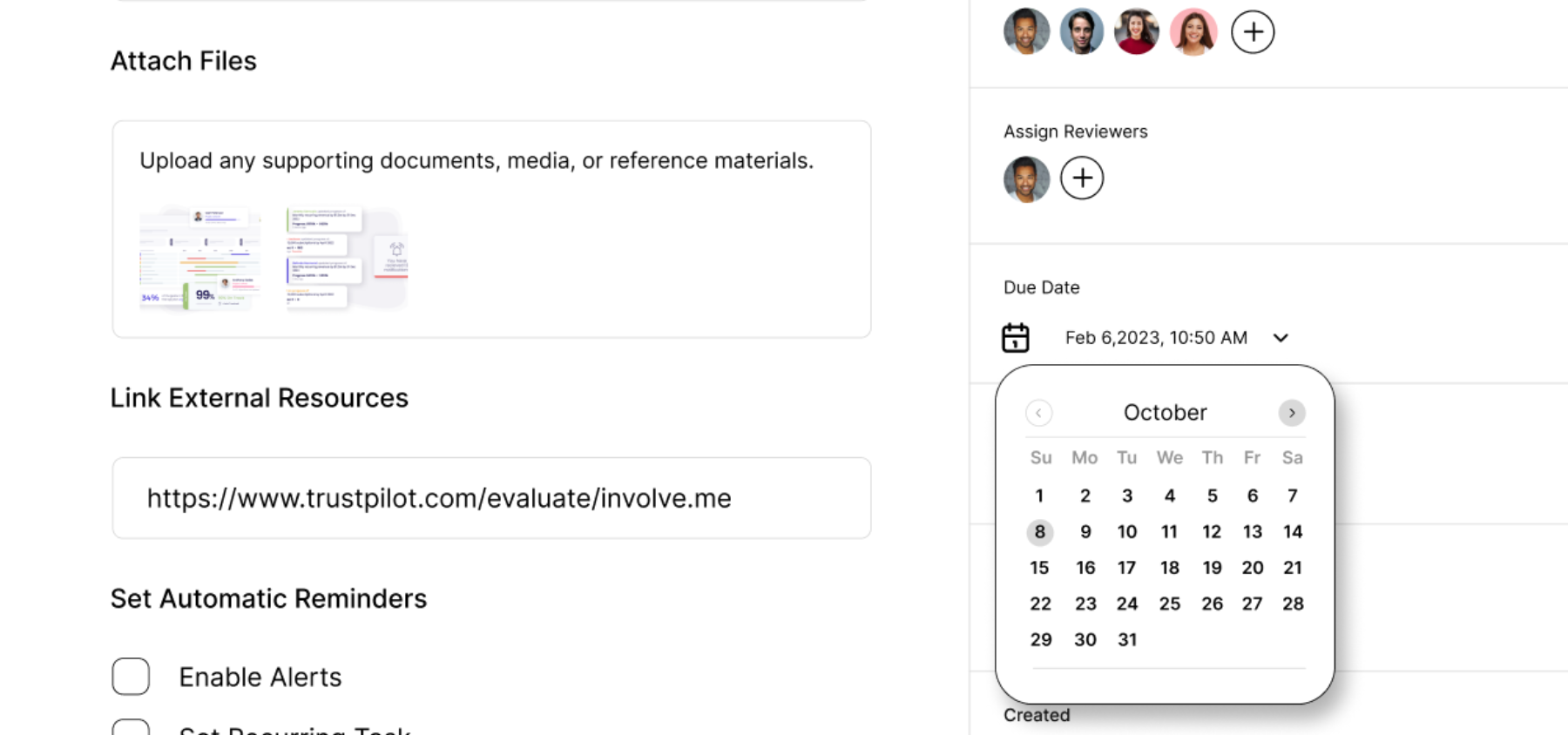 Admin key screen for creating a task, showing file attachments, external resource links, reviewer assignment, and due date scheduling