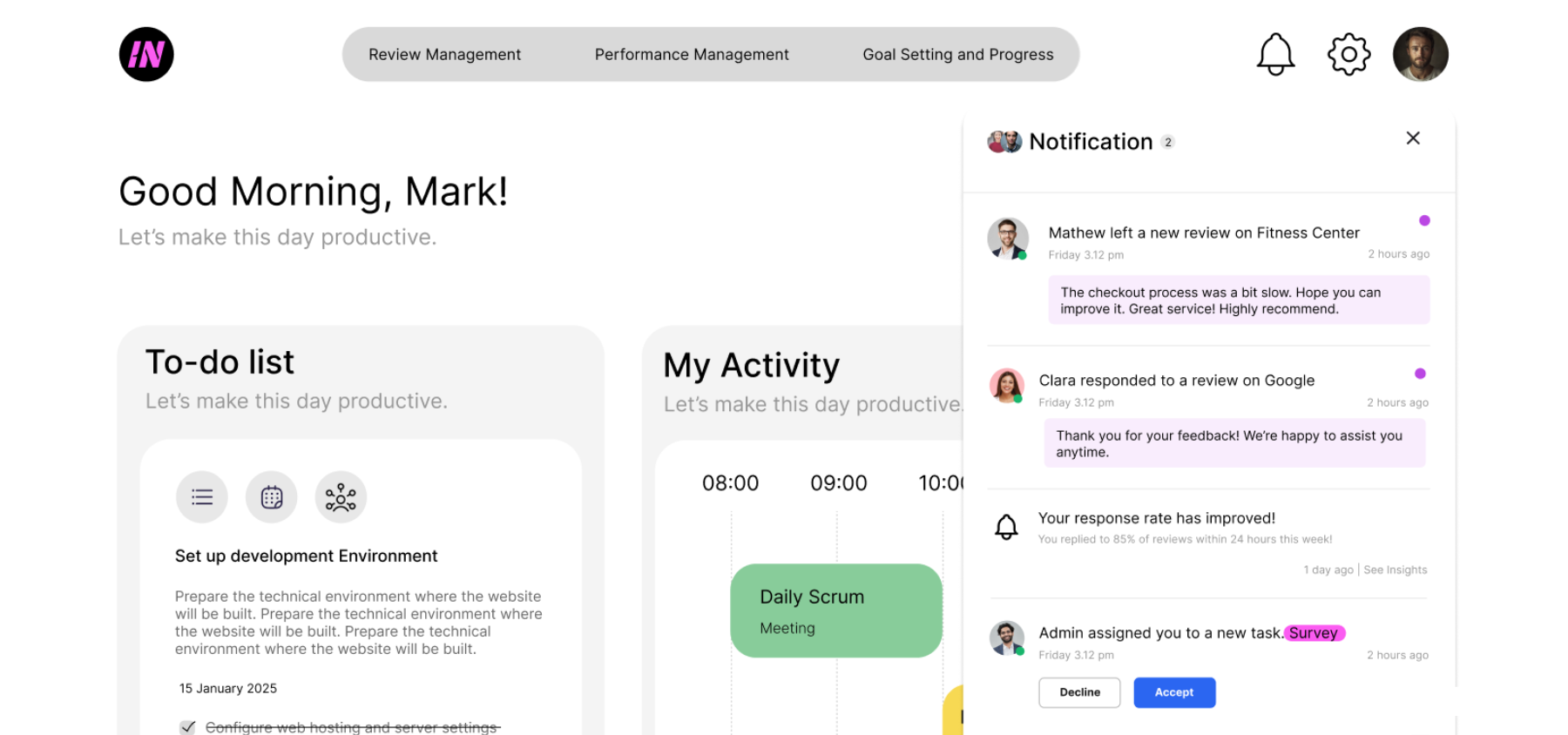 Member key screen: a personalised dashboard greeting with a to-do list, daily activity timeline, and a notification panel showing new reviews and task assignments