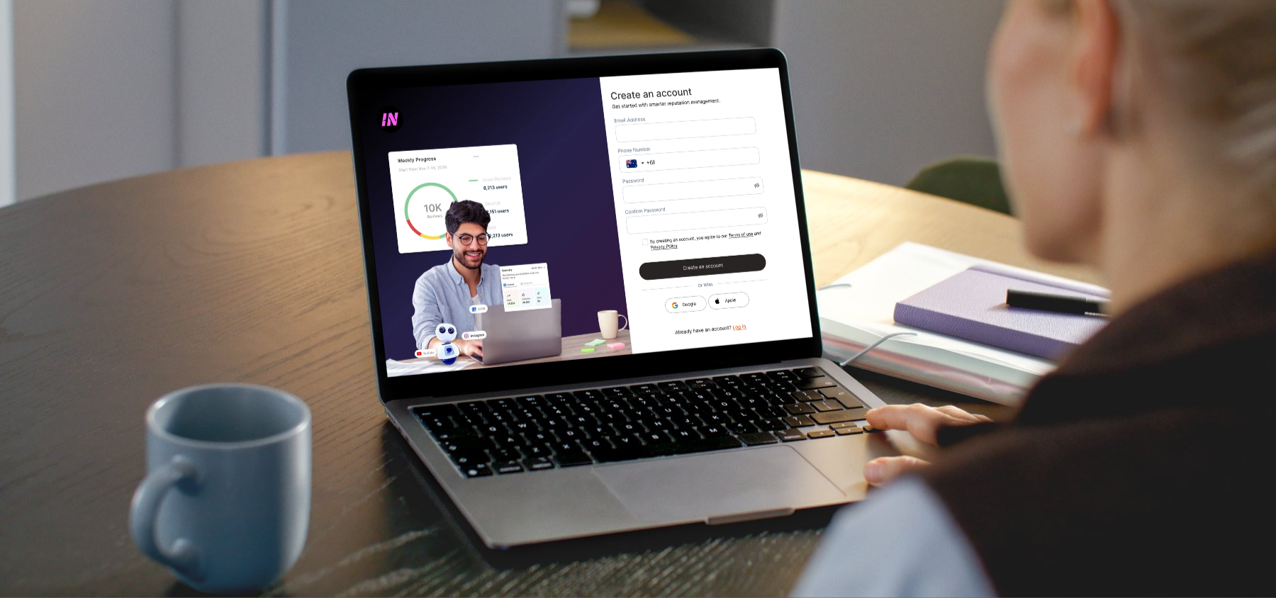 High-fidelity account creation and onboarding screen for Influential, showing a weekly review progress preview alongside the sign-up form on a laptop device