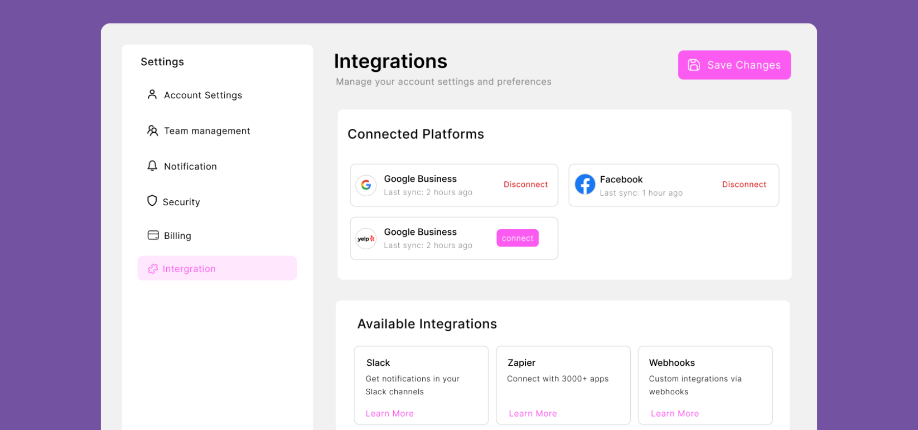 Integrations and settings view where connections like Google My Business and Facebook are configured