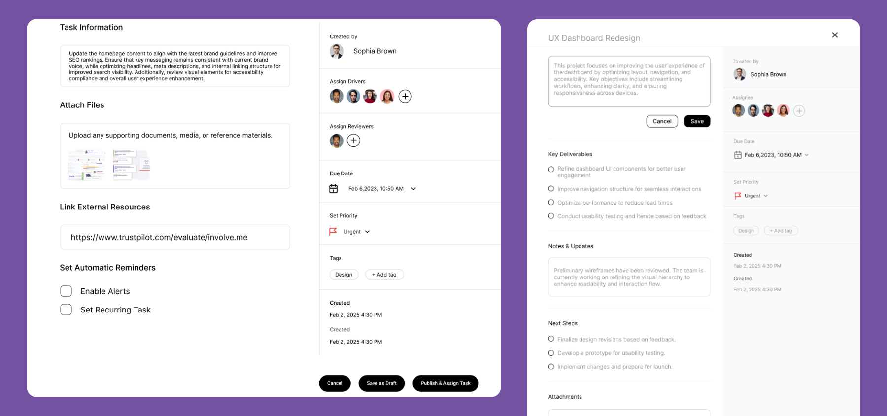 Comprehensive task management interface showing deliverable checklists, priorities, and workflow notes