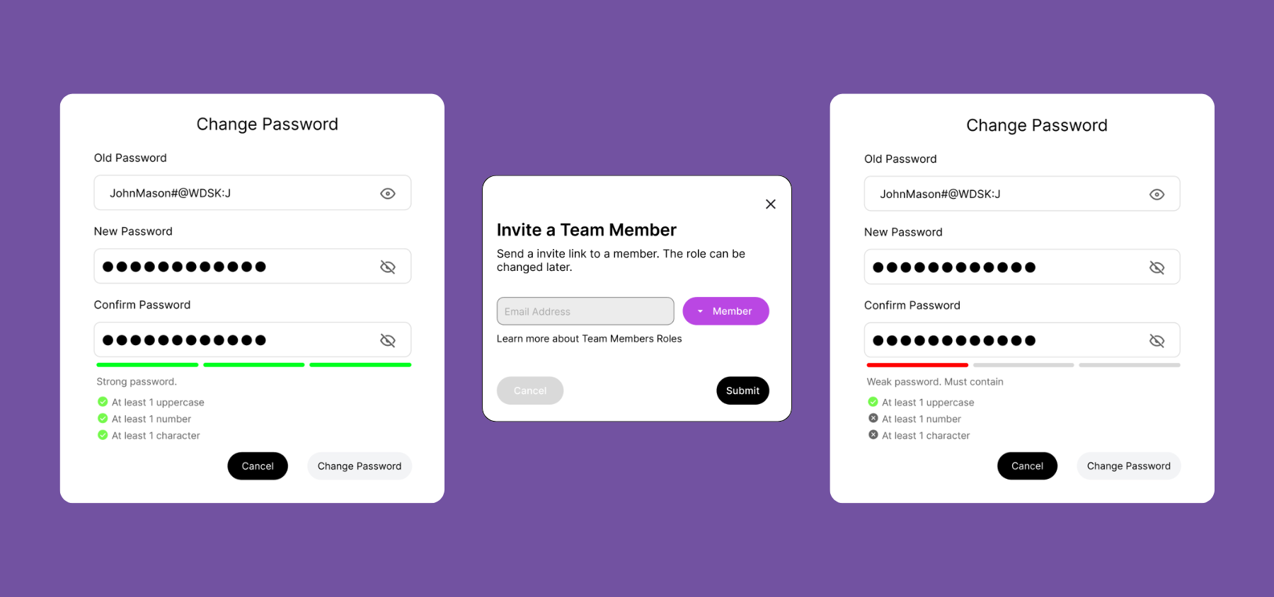 Key UI components for the dashboard interface, highlighting interactions and state variations